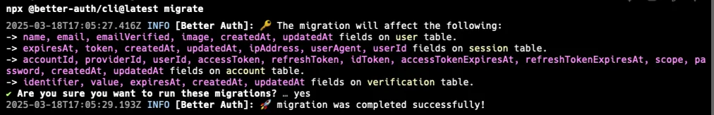 Migrate command output